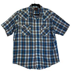 Plains Western Wear Mens Size Large Shirt Pearl Snap Plaid Short Sleeve Blue